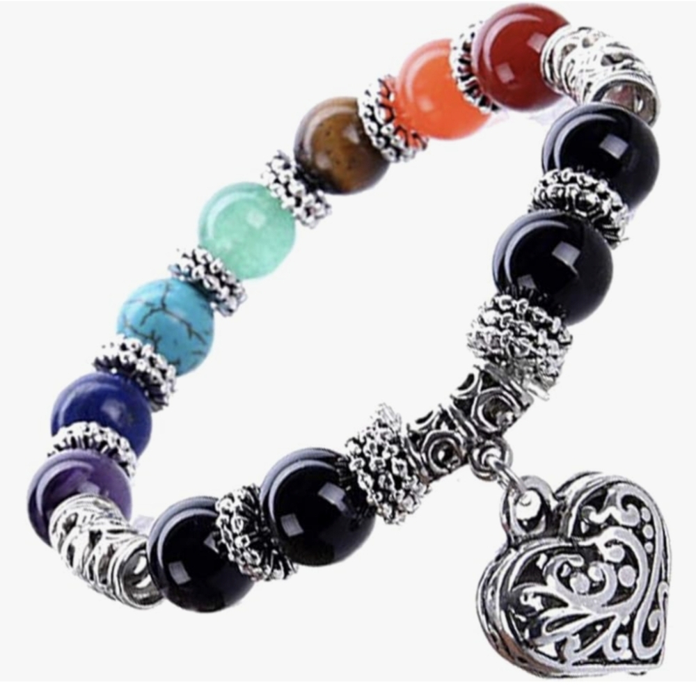 Heart Pendant Bracelet Natural Stone Bead Bracelets Silvery Chakra Bracelet - Picture 3 of 6